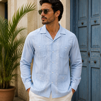 Chemises pour hommes en lin personnalisées, 100% lin, col cubain, plissées, quatre poches, manches longues, chemise Guayabera pour hommes