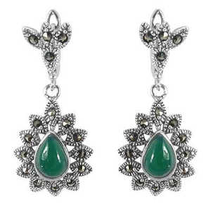 Boucles d'oreilles pendantes en argent 925 avec onyx vert et marcassite pour femmes - Product Image 3