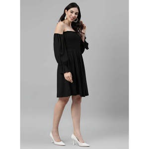 Vestido de Fiesta Elegante Deebaco para Mujer, Color Bronceado, Largo por Encima de la Rodilla, Hombros Descubiertos, Corte en A, Cintura Imperio, Manga Larga, Sólido, de Rayón Lavable - Product Image 5