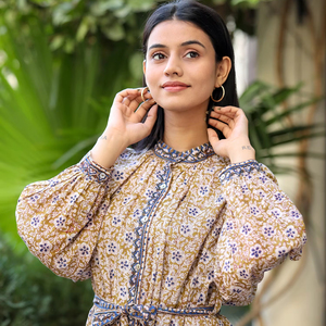 Vestido elegante de algodón de longitud media para mujer con cinturón de cintura Bloque de mano Impreso Vestido de estilo de camisa cómodo y sostenible - Product Image 4