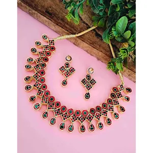 Ensemble de collier en or plaqué 24 carats Kundan à double couche Meenakari, bijoux fins en acier inoxydable - Product Image 2