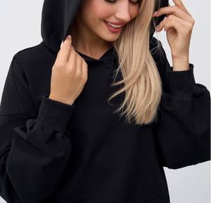 Sweat à capuche femme couleur unie coupe ample poche kangourou décontracté Streetwear brodé/imprimé coton Polyester polaire noir - Product Image 4