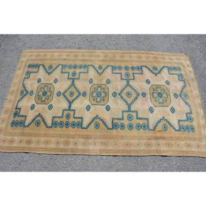 Alfombra turca vintage de 3,4x5,5 pies, diseño de retazos azul beige, lana hecha a mano con respaldo de látex, estilo Tabriz para sala de estar de adolescentes - Product Image 3