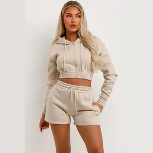 Haute qualité femme 2 pièces coupe-vent coton Shorts veste ensemble XL surdimensionné fermeture éclair haut court à capuche séchage rapide polaire tenues - Product Image 4