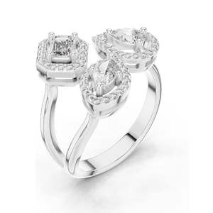 Bague à trois pierres en diamant de laboratoire 0,92 CT pour femme, clarté VVS-VS EF, taille émeraude, poire et ovale avec sertissage halo, 18 carats, 14 carats - Product Image 4