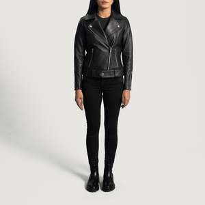 Chaqueta de Motociclista Slim para Mujer Rumy, Negra, de Cuero PU, con Capucha, Cuello de Satén, Piel Sintética, Logotipo Personalizado, Relleno de Poliéster, Otoño, Talla XL, Estampada - Product Image 3