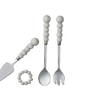 Elegant Flatware Cutlery Set with White <b>Beads</b> Design Handle Stainless Steel Spreader Spoons Perfect for Kitchenware Tableware - Product Image 1