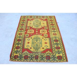 Vintage Turkish Rug, 4x5.3 ft Accent Rug, Red <b>Yellow</b> Oriental <b>Wool</b> Rug - Product Image 1