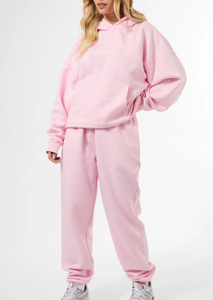 Conjunto de 2 piezas de algodón de rizo francés rosa para mujer, Sudadera con capucha para correr de gran tamaño, pantalones de chándal de pierna ancha, patrón sólido informal bordado - Product Image 6