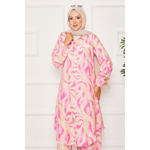 Casual Fuchsia Two-Piece Set Full-Length Button-<b>Down</b> with Elasticated Sleeves Linen Crepe Fabric for Spring/Summer MOQ 2pcs - Product Image 2