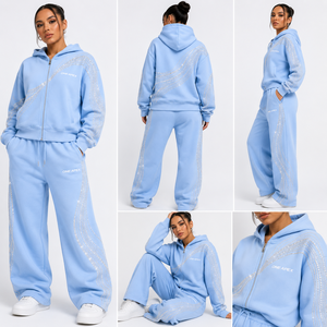 Conjunto Deportivo Personalizado con Pedrería Azul Claro, Sudadera Oversize y Pantalones Anchos, Estilo Urbano, Fabricante OEM ODM, Marca Privada, MOQ al por Mayor - Product Image 2