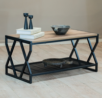 Table basse industrielle portable avec rangement, plateau en bois, structure métallique, mobilier moderne pour salon, table centrale à 2 niveaux