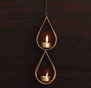 Fabriqué à la main 26.7 cm en métal doré suspendu porte-lumière Double conception de larme pour la décoration de la maison à Noël anniversaire de Pâques - Product Image 1