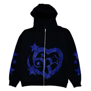 Sweat à capuche zippé avec logo personnalisé de haute qualité pour hommes Sweat-shirt en coton polyester à impression bouffante surdimensionné avec motif uni en strass - Product Image 4