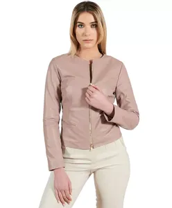 Womens Real <b>Pink</b> Leather <b>Jacket</b> Collarless Round Neck Zip Front Sheepskin Biker Coat Custom Blush Nude Formal Outerwear - Product Image 2