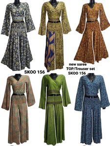 Nouvel ensemble pantalon et sari court vintage à la mode pour femmes, tenue ethnique indienne de créateur, pour mariage et soirée, 100% soie élégante - Product Image 4