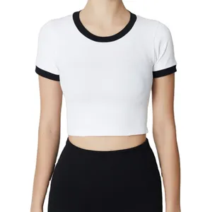 Últimos diseños para mujeres Slim negro blanco raya Ringer camiseta crop top camiseta color bloque suave tela liso cuello redondo mujeres
