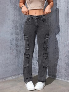 Pantalons de travail pour femmes jeans à jambe droite avec plusieurs poches jambe droite super élastique décontracté rétro taille haute confortable - Product Image 3