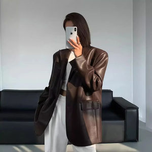 เสื้อโค้ทกันลมลำลองไซส์ใหญ่พิเศษมีซิปคอตั้งเสื้อแจ็คเก็ตหนัง PU สำหรับฤดูใบไม้ร่วง - Product Image 1