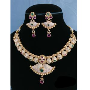 Étnico antiguo polaco nuevo diseño con aspecto de piedra chapado en oro collar conjunto con pendientes para boda para mujer - Product Image 1