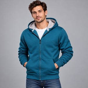 Custom 100% Cotton Sherpa Lined <b>Zip</b> up <b>Hoodie</b> Mens Heavyweight Fleece Autumn Warm Split Kangaroo <b>Pocket</b> Sweatshirt - Product Image 1