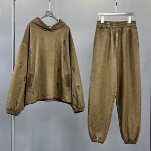 Wholesale No <b>String</b> Heavyweight French Terry Hoodies Double Layer Acid Vintage Distressed Washed Hoodies Set - Product Image 2