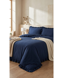 Parure de lit 4 pièces bleu marine unie en polycoton rafraîchissant, style européen-américain, 200 fils, respirante, avec housse de couette, drap-housse et taies d'oreiller - Product Image 5