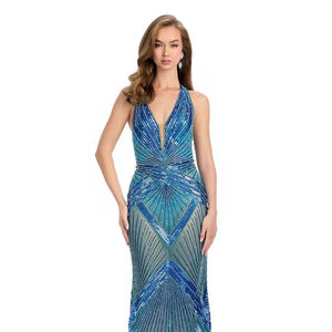 Col en V taille avec design symétrique antistatique fête Cocktail vêtements avec fente latérale Maxi longueur A-ligne perlée robe avant - Product Image 1