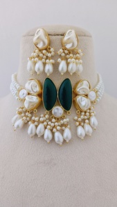 Ensemble de collier ras de cou en perles Aqua Nazaakat Chaîne en bambou plaqué or de haute qualité Mini perle avec pompon en laiton lourd - Product Image 3