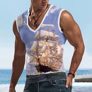 Camisetas sin mangas con estampado 3D de barco de navegación para hombre, camisetas con patrón de Luna y Océano, camisetas holgadas de verano para vacaciones, camisetas deportivas callejeras con cuello en V - Product Image 5