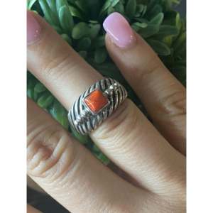 Navajo Handmade Fine Jewelry <b>Ring</b> Coral & Sterling Silver Size 7-<b>Dainty</b> Hip Hop Style with Setting Inlay for Everyday Wear - Product Image 2