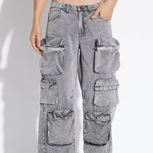 Pantalon cargo ample pour homme, gris foncé, effet usé, double patch aux genoux, style streetwear, jeans - Product Image 1