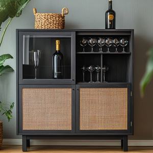Modern Black Display Cabinet with Glass Doors and Rattan Panels, Storage Bar Cabinet <b>for</b> Dining Room Living Room - Product Image 4
