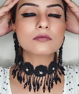 Best Price <b>Beaded</b> Multilayer Necklace and Earring <b>Set</b> with Black Embroidery for Weddings Parties Engagements - Product Image 2