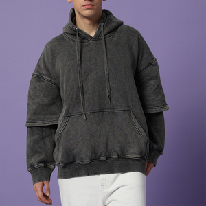 Sudaderas con capucha de manga doble lavadas de peso pesado para hombres Sudaderas con capucha desgastadas lavadas con ácido de gran tamaño para hombres - Product Image 3