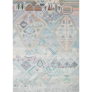 Tapis géométrique rectangulaire en laine et soie de bambou noué à la main Manchaha Ivory pour salon et couloir - Les-1850 - Product Image 1