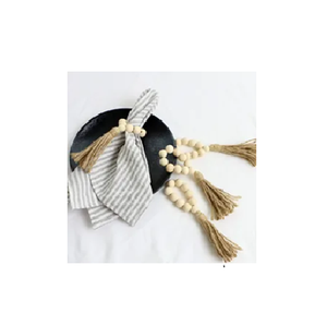 Perles en bois rond de serviette ensemble fait à la main coton corde gland perles rond de serviette pour la fête et la cuisine rond de serviette - Product Image 1