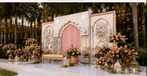 Outdoor Wedding Mirror Work Arch Panel <b>Frames</b> Elegant Moroccan Style Wooden Backdrop With <b>Pink</b> Arch And Floral Decor For Wedding - Product Image 4