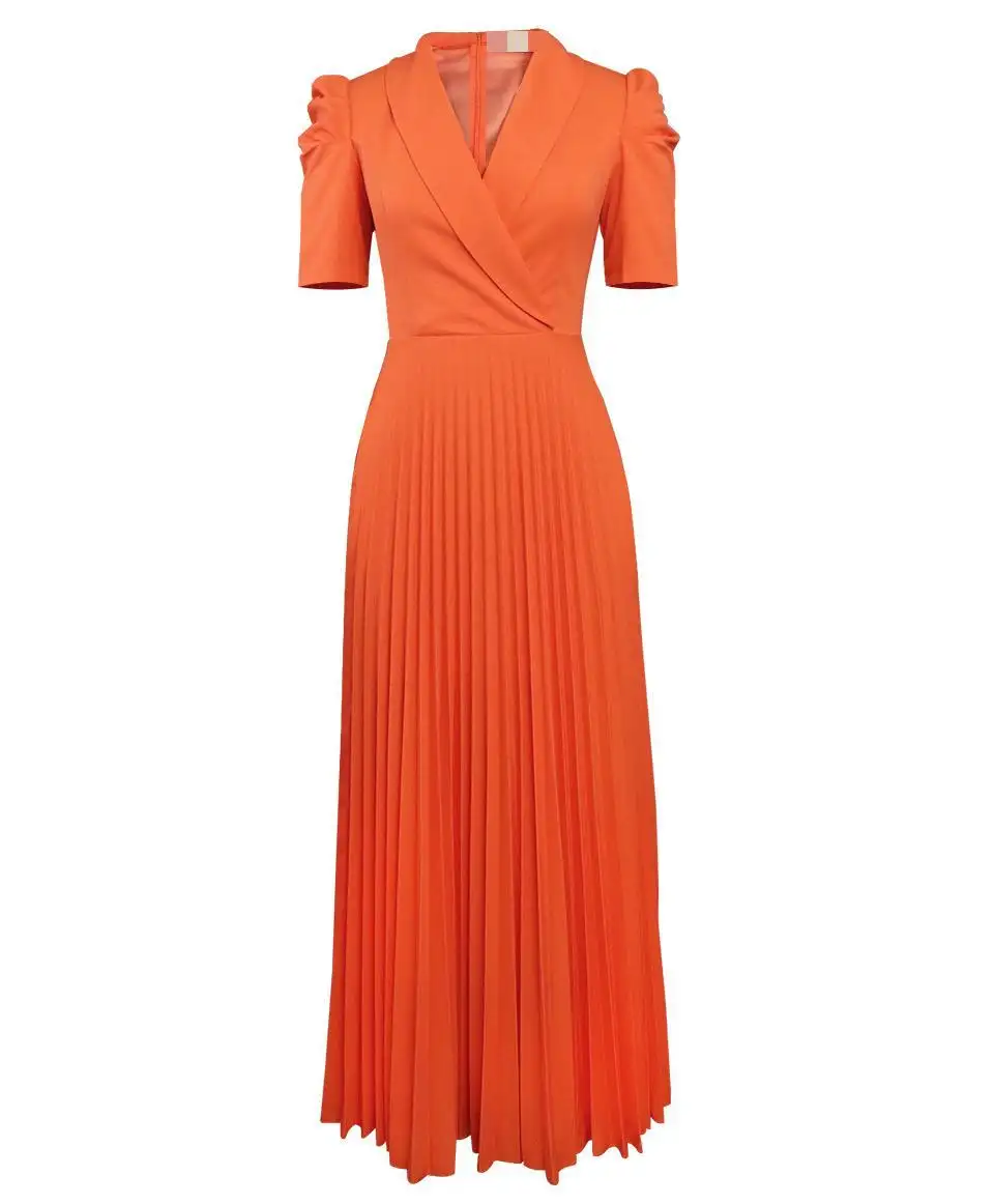 2024 nuevo producto creativo de talla grande de negocios de moda con cuello en V de manga corta naranja patchwork plisado Oficina fiesta vestidos de mujer