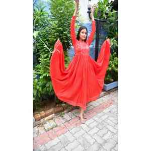 Elegante Kurta Anarkali Roja Lehariya con Estampado a Mano para Mujer, Vestido Pakistaní, Georgette con Diseño Étnico, Vestido Indio - Product Image 4