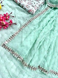 Venta caliente Diseñador de lujo Georgette Saree Impresión digital con bordado de lentejuelas Trabajo para mujeres Boda india y desgaste de fiesta - Product Image 6