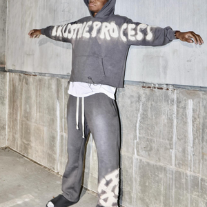 OEM Terry Embroidered Distressed Applique Logo Streetwear Vintage <b>Oversized</b> Two Piece <b>Jogger</b> Set Raw Hem Acid Wash Tracksuit Men - Product Image 2