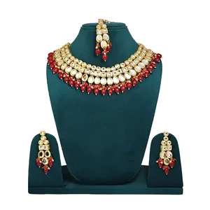 Ensemble de collier en perles ovales rouges Meenakari Kundan, bijoux fins classiques et tendance, plaqué or, pour mariage, fête, fiançailles, cadeau - Product Image 1