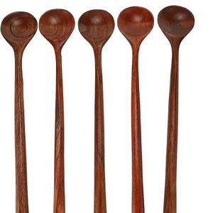Ensemble de 5 cuillères rondes à long manche de 10.9 pouces 100% bois naturel Style coréen soupe cuisson mélange agitateur ustensiles de cuisine - Product Image 1