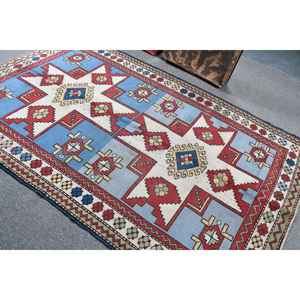 Alfombra Vintage, Alfombra Turca Grande de 5.3x8.4 pies, Alfombra de Lana Roja y Azul Estilo Suroeste - Product Image 4