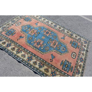 Alfombra Kilim turca Vintage 5,2 X 7.2ft Rectángulo clásico Azul Naranja Diseño de retazos Material de lana Látex Técnica de tejido plano - Product Image 4