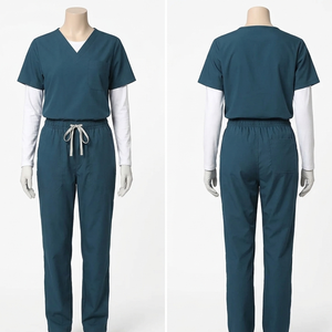 Teal Blue Medical Scrub <b>Set</b> 170 GSM Cotton Poly Soft V Neck Custom Embroidery Uniform Wear Premium - Product Image 1