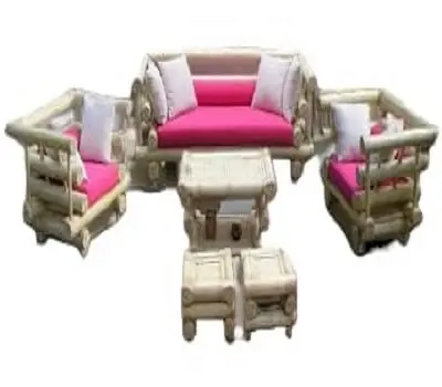 Luxus Design Bambus Pink Tufted Tragbare gewebte Indoor 5 Sitz Sofa Set mit Mittel tisch & 2 Ottoman Home Interior Design Idee