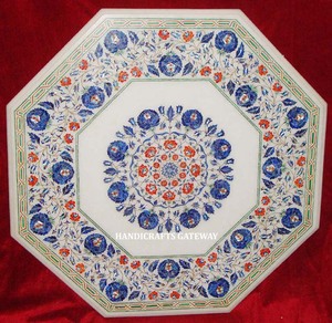 Top Quality Indian Handmade Best Price Inlay <b>Work</b> <b>Table</b> Top for Octagonal Shape Blue Color Flower Design White Marble <b>Table</b> Top - Product Image 1