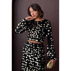 Blusa Elegante de Terciopelo Negro con Lentejuelas y Detalles Bordados para Mujer, Top de Fiesta de Manga Larga para Damas, Tallas S-L - Product Image 4